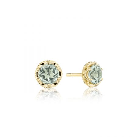 Petite Crescent Crown Studs featuring Prasiloite and Yellow Gold