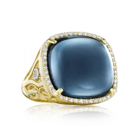 Pav&eacute; Cushion Cabochon Ring featuring Sky Blue Topaz over Hematite