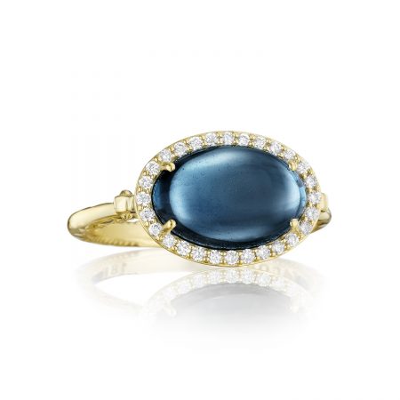Petite Pav&eacute; Oval Cabochon Ring featuring Sky Blue Topaz over Hematite